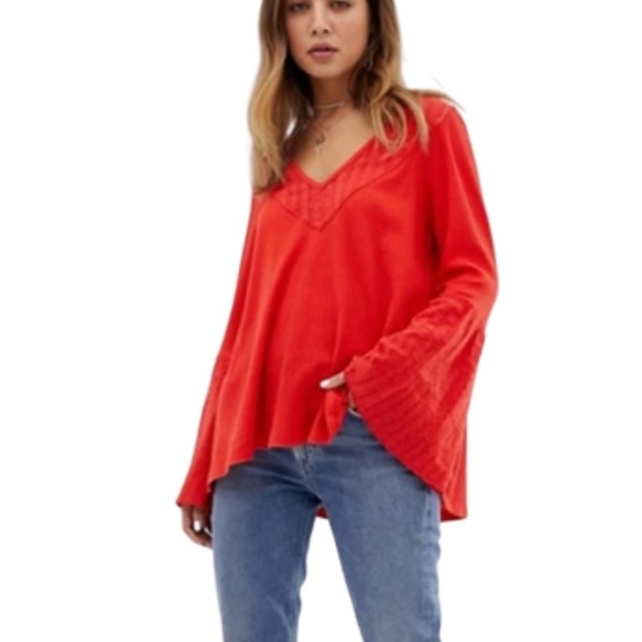 New Free People Crimson Red Ribbed Lace Bell Sleeve V Neck Top Shirt - Picture 2 of 16